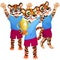 Group of three tigers in sport uniform cheering with goblet