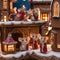 A group of tiny mice in a gingerbread village, wearing tiny Santa hats1