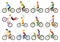 Group of tiny people riding bikes on city. Bike types and cycling sign set. Man, woman, kids. Thin line art icons. Flat