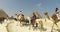 Group of tourist on horses and camels at Giza pyramid complex
