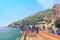 Group of tourists admires the view of ancient shipyard `Tersane` in Alanya