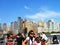 Group of tourists on the background of Manhattan, New York, USA