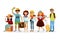 Group of tourists cartoon characters flat illustration. Young funny people with suitcases are traveling together.