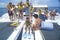 Group of tourists on Catamaran tour boat preparing to Snorkel, Key West, FL