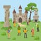 Group tourists excursion medieval ruins, people travel team explore european castle, flat vector illustration. Character