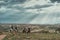 A group of tourists riding horses on the landscape park of Goreme. Turkey.