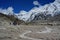 Group of tourists travels in the valley of the Himalayan mountains in Nepal.