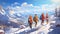 Group of tourists trekking on glacier in dense dangerous.