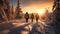 Group of tourists trekking on glacier in dense dangerous.