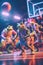 A group of toy figurines playing a game of basketball. Generative AI image.