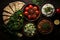 Group of Traditional Greek Food Bowls on a Wooden Board Created With Generative AI
