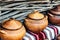 Group of traditional handmade pottery for sale at the market. Ukrainian handmade earthenware utensil. Souvenirs From Ukraine.