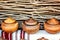 Group of traditional handmade pottery for sale at the market. Ukrainian handmade earthenware utensil. Souvenirs From Ukraine