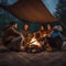 A group of travelers huddled around a campfire, under a sky filled with stars3