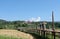 The group of travelers on the old bamboo bridge to crossed the golden paddy field