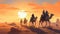 A group of travelers riding through a desert on camels. Fantasy concept , Illustration painting