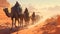 A group of travelers riding through a desert on camels. Fantasy concept , Illustration painting