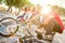 Group of trendy friends having fun together at skate bmx park