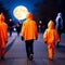 Group of Trick-or-Treaters in Orange Costumes Walking Toward a Full Moon