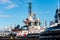 Group of tugboats moored in the port of La Spezia Italy