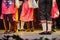 Group of Turkish dancers in national ethnic garments performing on the stage, close-up