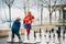 Group of two kids playing giant chess on playground