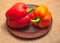 A group of two peppers on a brown earthenware plate.