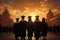 Group of university graduates, distinct silhouettes in graduation ceremony backdrop