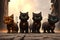 A group of urban cats with radiant neckwear, displaying intelligence. AI generated