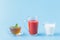 Group Useful Colorful Beverages Drink Milk Tea Juice Water on  Blue Background