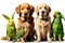 Group of Various Friendly Pet Animals Positioned Together - Featuring a Golden Retriever, Tabby Cat, and More