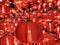 Group of various sizes vivid red round Chinese style lanterns hangs in beautiful random order with tiny sparkling starlight stripe