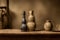 A Group Of Vases Sitting On Top Of A Wooden Shelf. Generative AI