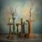 A group of vases sitting on top of a wooden table. AI generative image.