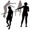 A group of vector 4 silhouettes of young women in summer light clothes, shorts with bare legs, silhouettes in various poses, with