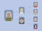Group of vector icons with drawings of people and arrows team hierarchy on a blue background