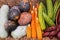 Group of vegetables and fruits from organic farm, corn cob, pumpkin, winter melon, sweet potato and bitter gourd