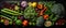 Group of vegetables, Top view with aesthetic arrangement, Black background.