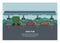 Group of vehicle entering highway gate. Forest silhouette background. Simple flat illustration.