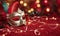 A group of Venetian or Mardi Gras masks on a dark, glittery surface with a bokeh light effect in the background.