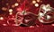 A group of Venetian or Mardi Gras masks on a dark, glittery surface with a bokeh light effect in the background.