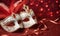 A group of Venetian or Mardi Gras masks on a dark, glittery surface with a bokeh light effect in the background.