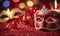 A group of Venetian or Mardi Gras masks on a dark, glittery surface with a bokeh light effect in the background.