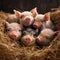 A group of very adorable piglets snuggled together in a cozy hay bed