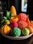 A group of vibrant 3D printed fruits and vegetables looking almost too beautiful to consume.. AI generation