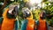 A group of vibrant parrots perched on the branches of a tree