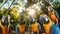 A group of vibrant parrots standing side by side in a colorful display of feathers