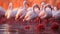 A group of vibrant pink flamingos standing in a row generated by AI