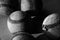 Group of vintage baseballs in black and white close up.