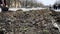 Group of volunteers with garbage bags cleans the territory in the park from old foliage, branches and garbage in the spring